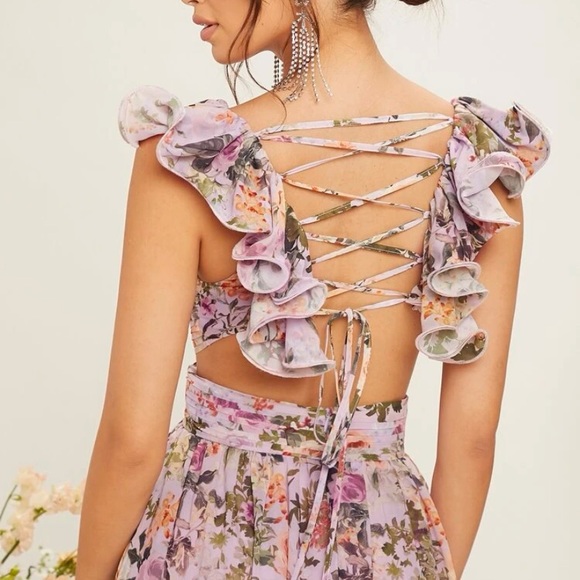Belle Floral Print Sweetheart Neck Lace Up Backless Ruffle Trim Dress - Picture 6 of 8